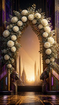 an arch of white roses and eucalyptus in soft morning light, elegant vertical composition with open space, no text