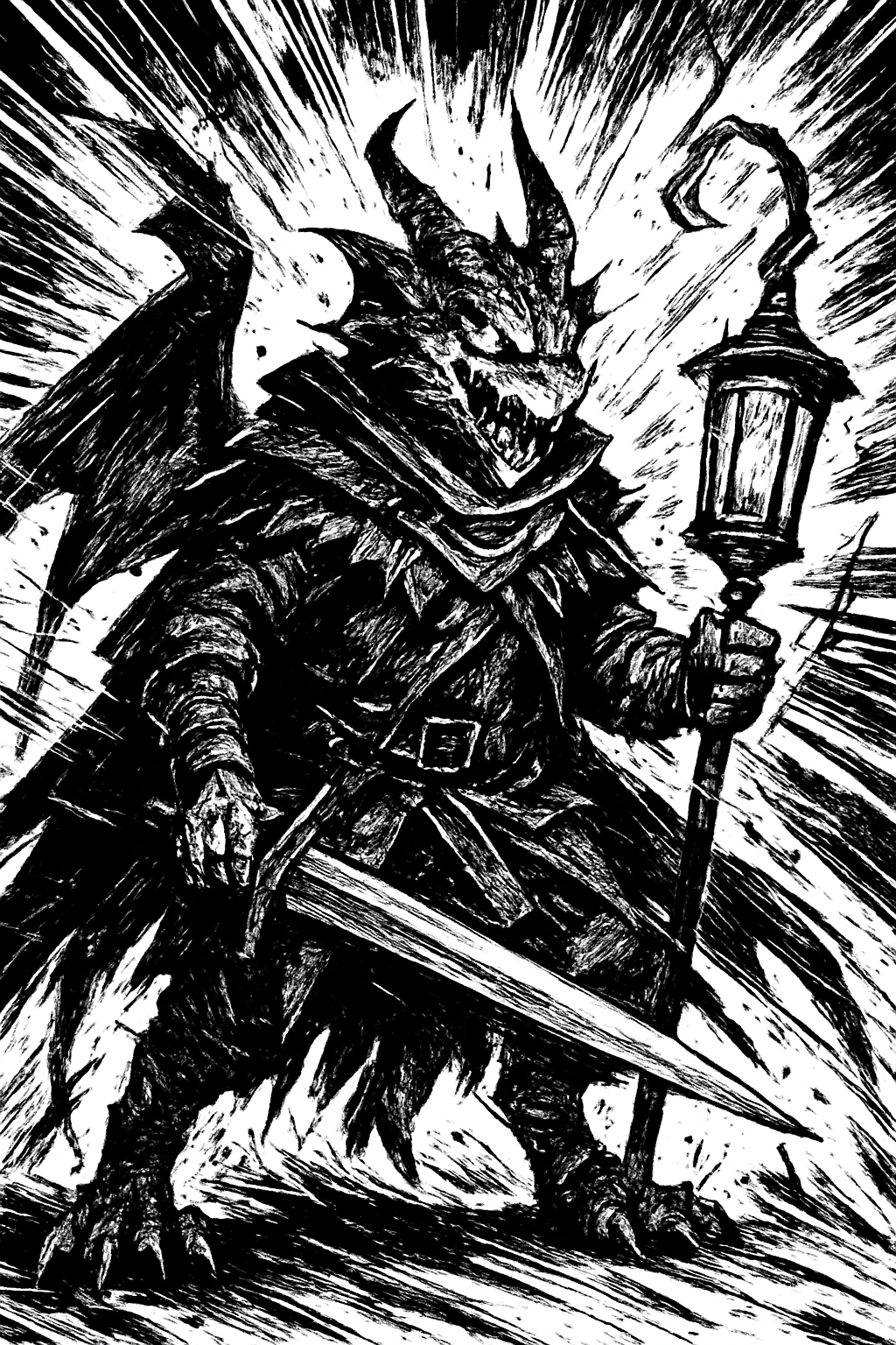 a painting of a demon holding a sword and a lantern