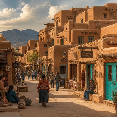 urban street with city activity — Adobe Pueblo Architecture