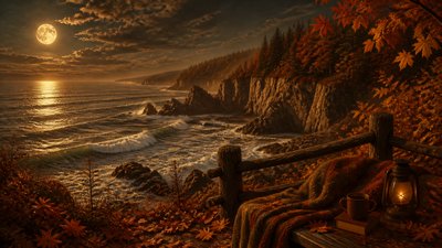 a moonlit coastline with cliffs and crashing surf, no people