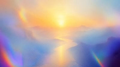 a vast valley with a river winding toward distant mountains at sunrise, no people, no text