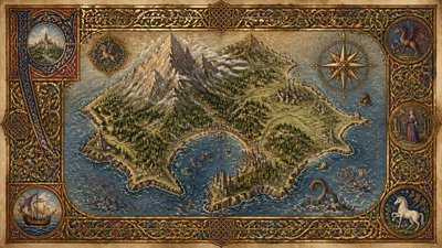 a map of an island realm with mountains, forests, a sheltered bay, sea monsters in the water and a compass rose, no text labels