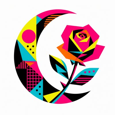 a rose entwined with a crescent moon, clean balanced composition on a plain background, no text