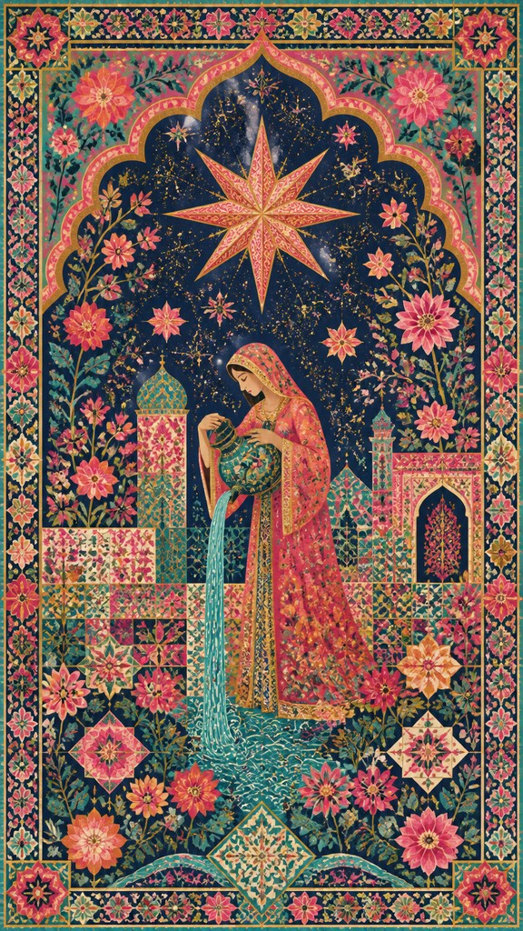 a robed figure pouring water beneath a large eight-pointed star in a night sky, symmetrical composition with an ornate decorative border, no text