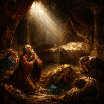 A dramatic Baroque oil painting in the style of Caravaggio. A grand, ornate ancient chamber with heavy velvet drapery. Figures in modest, long flowing robes of the 1st century are shown in a state of deep remorse and distress. A large, carved wooden bed sits in the shadows, symbolizing judgment. Beams of divine, piercing light break through a dark, stormy sky through a high window. High contrast, emotional, biblical epic, masterpiece.


