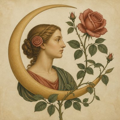 a rose entwined with a crescent moon, clean balanced composition on a plain background, no text