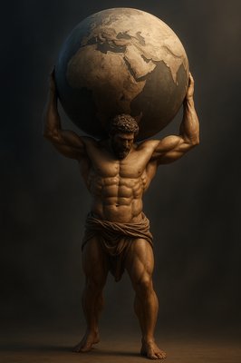 a man holding a large globe on his shoulders