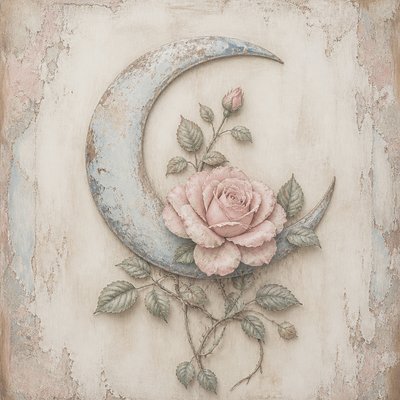 a rose entwined with a crescent moon, clean balanced composition on a plain background, no text