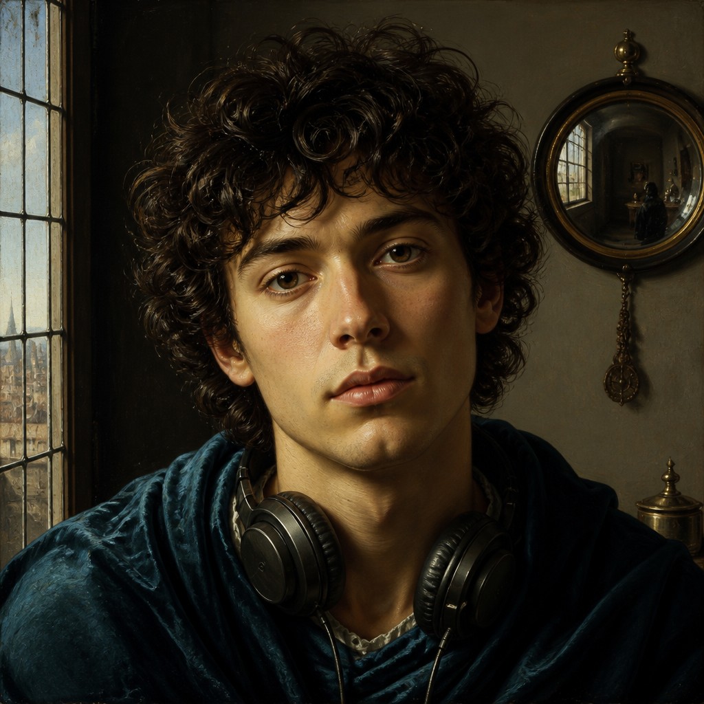 head-and-shoulders portrait of an original character: a young man with curly dark hair and headphones around his neck, plain backdrop, no text