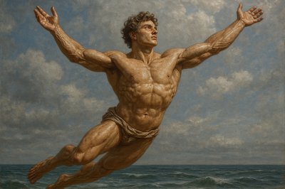 a painting of a man leaping into the air