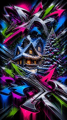 a snow-covered cottage with warm glowing windows beside a decorated pine tree, gentle snowfall, no text