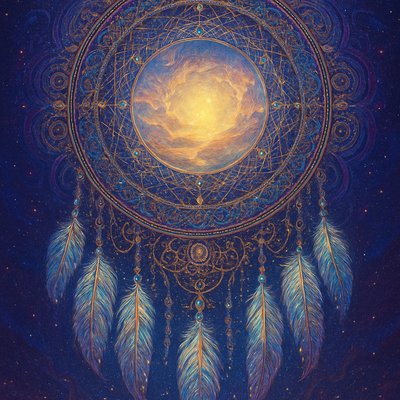 Visionary Art Style, a magnificent and intricate dream catcher is centrally suspended, its delicate threads and web meticulously woven with beads and feathers that glow softly. Within the very center of its web, the dream catcher is catching a breathtaking, radiant glimpse of Heaven. This glimpse reveals a scene of ethereal golden light, celestial swirling clouds in soft pastels, and hints of majestic, serene landscapes bathed in divine luminosity. The dream catcher itself is adorned with vibrant, iridescent feathers in hues of white, pearl, and soft blue, and tiny shimmering beads, all illuminated by the heavenly light it contains. It hangs against a deep, mystical twilight sky, with distant stars twinkling softly. Focus on the stunning contrast between the detailed, earthy dream catcher and the luminous, otherworldly vision within its web, emphasizing the radiant glow and the profound, peaceful beauty of the celestial glimpse.