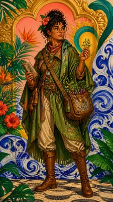 full-body original character: a wandering botanist with a satchel of plants, a patched green cloak, tall boots and round glasses, neutral background