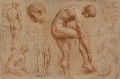 ancient greek ignudi athlete bending his leg and foot and curving his back