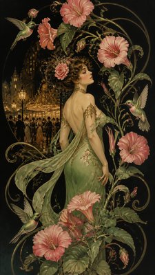 a climbing vine of flowers and hummingbirds on a dark background, tall wrapping composition, no text