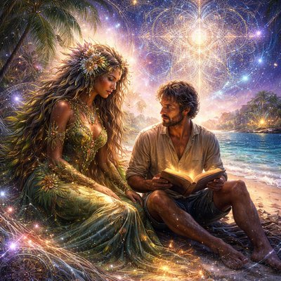 An island goddess spirit robed in green leaves covertly 
sits beside a castaway man on a beach who is reading a book 