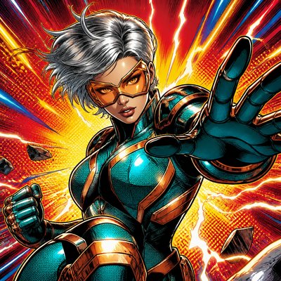 portrait of an original superheroine with a teal and copper armored suit, geometric amber visor, short silver hair and expressive eyes