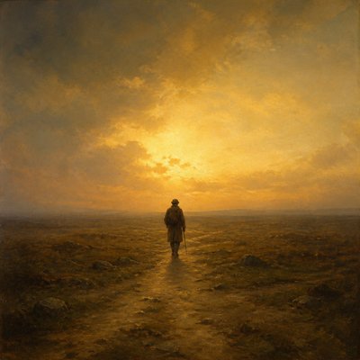 a solitary figure walking toward a glowing horizon across an empty plain, moody atmosphere, no text or lettering