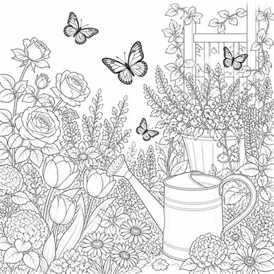 a garden scene with butterflies, flowers and a watering can, clean uncolored line art, no text