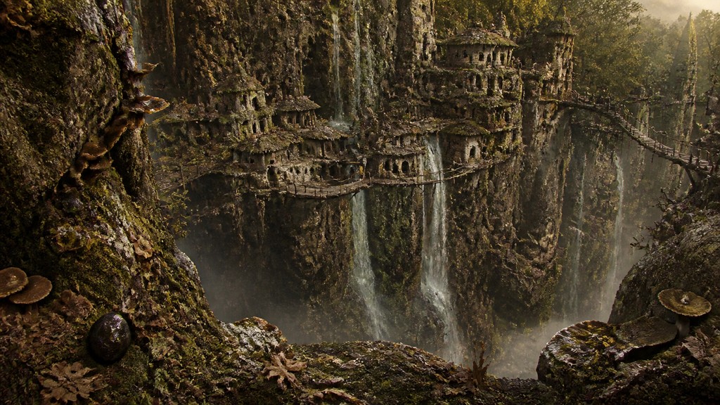 a cliffside city with waterfalls cascading into a misty canyon, wide establishing shot, no people, no text