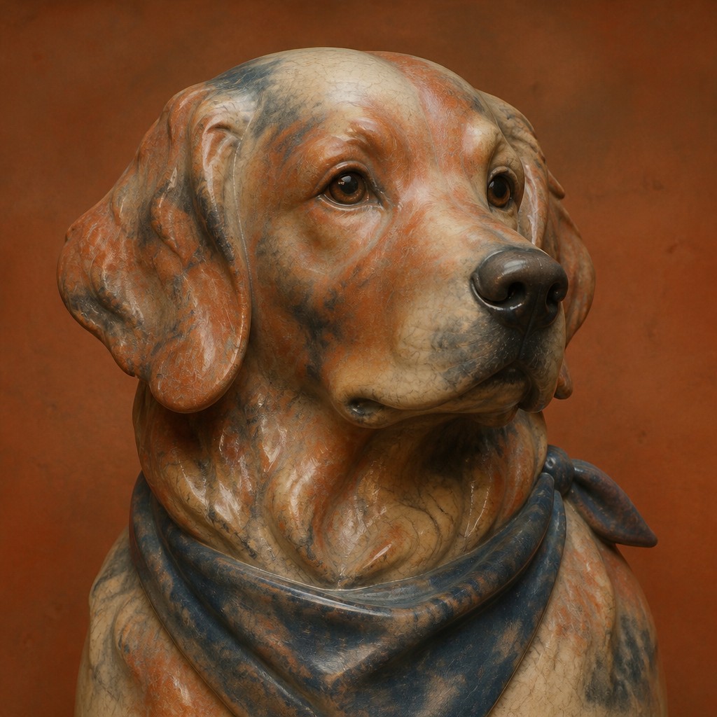 portrait of a golden retriever wearing a blue bandana, warm plain backdrop, no text