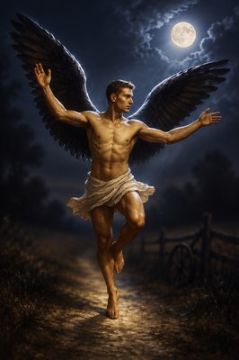 a painting of a man with wings on a path