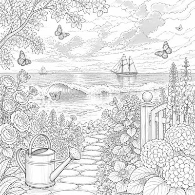 a garden scene with butterflies, flowers and a watering can, clean uncolored line art, no text