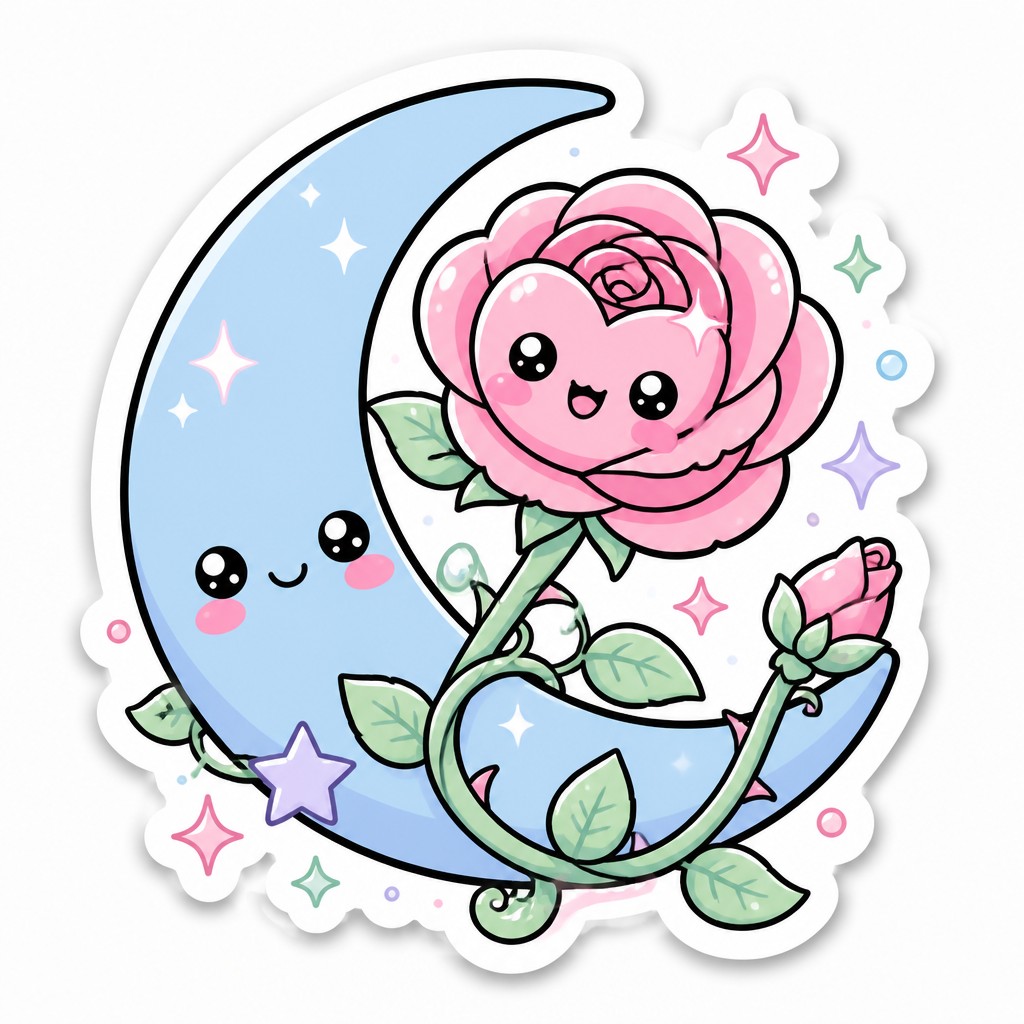 a rose entwined with a crescent moon, clean balanced composition on a plain background, no text