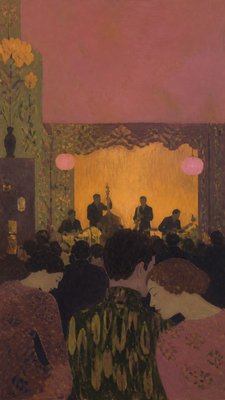a live music scene with a glowing stage and silhouetted crowd, energetic vertical composition with open space at the top, no text