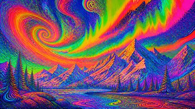 a flowing aurora over snowy peaks, wide sweeping composition, no people, no text