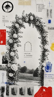 an arch of white roses and eucalyptus in soft morning light, elegant vertical composition with open space, no text