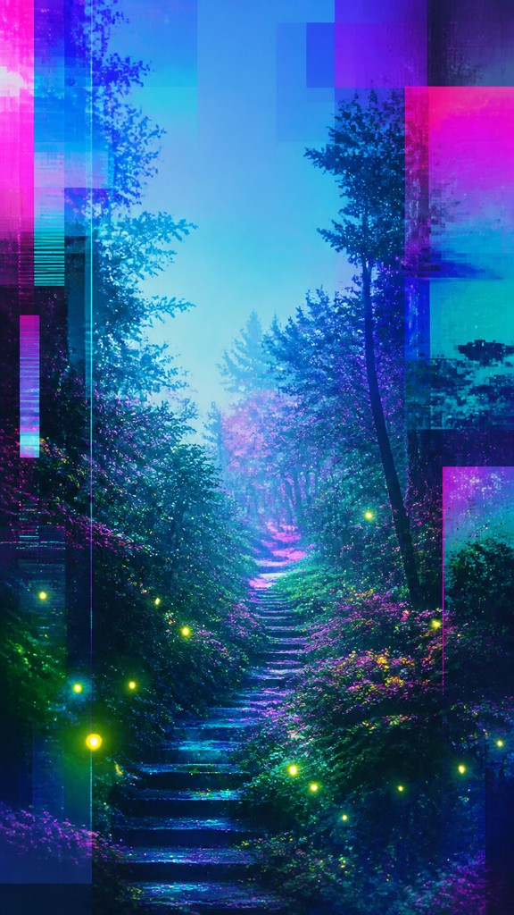 a mysterious forest path with fireflies and drifting mist, atmospheric vertical composition with open space at the top, no text