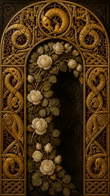 an arch of white roses and eucalyptus in soft morning light, elegant vertical composition with open space, no text