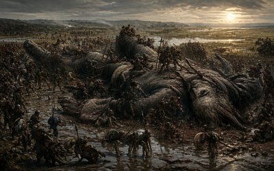 a large group of people standing around a dead animal