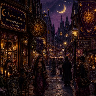 urban street with city activity — Whimsigoth Aesthetic