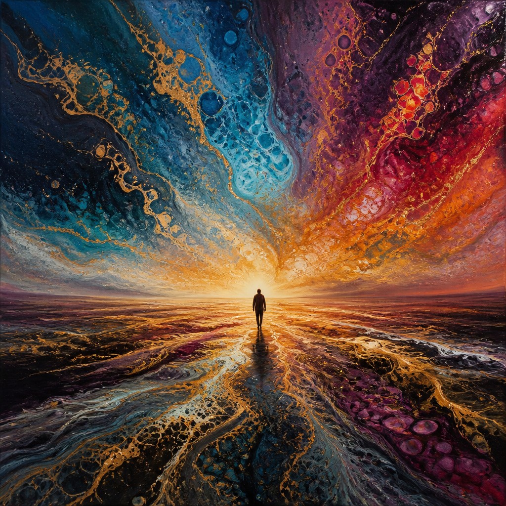 a solitary figure walking toward a glowing horizon across an empty plain, moody atmosphere, no text or lettering