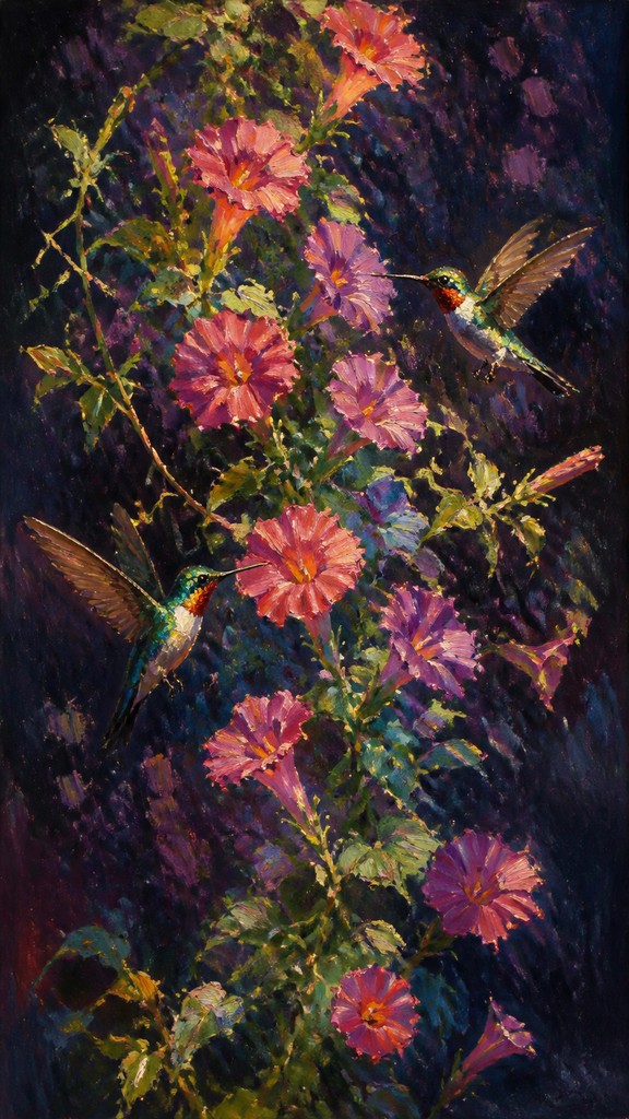 a climbing vine of flowers and hummingbirds on a dark background, tall wrapping composition, no text