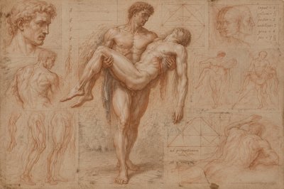 ancient greek ignudi athlete carrying a wounded athlete in his arms