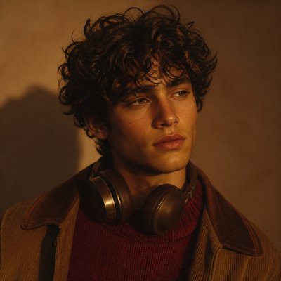 head-and-shoulders portrait of an original character: a young man with curly dark hair and headphones around his neck, plain backdrop, no text