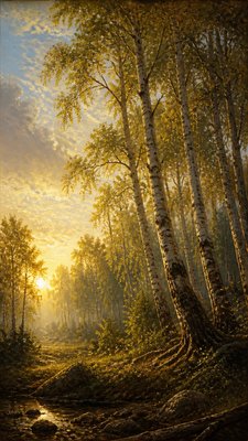 a serene birch forest in soft morning light, no people, no text