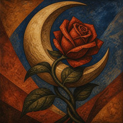 a rose entwined with a crescent moon, clean balanced composition on a plain background, no text