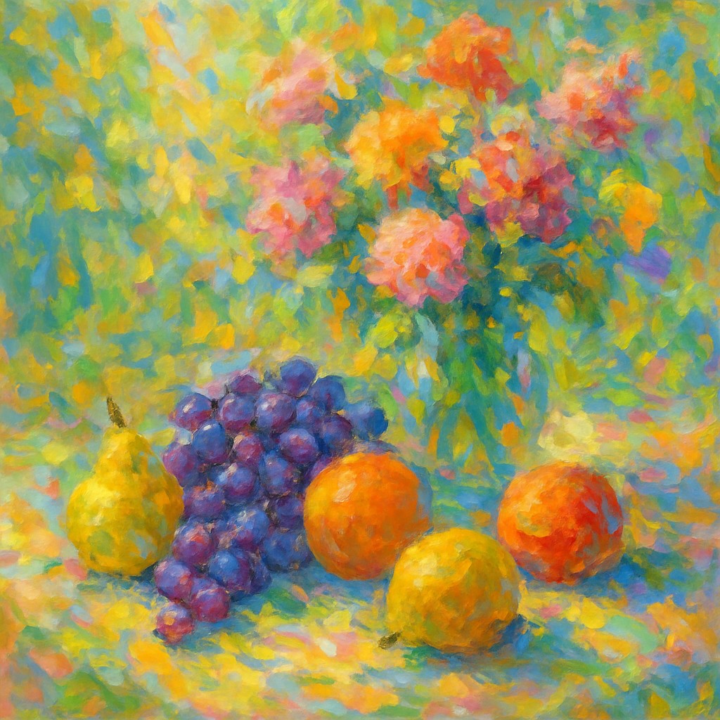 still life arrangement of fruits and flowers