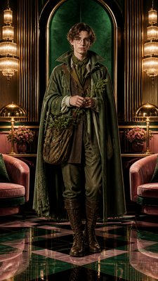 full-body original character: a wandering botanist with a satchel of plants, a patched green cloak, tall boots and round glasses, neutral background