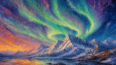 a flowing aurora over snowy peaks, wide sweeping composition, no people, no text