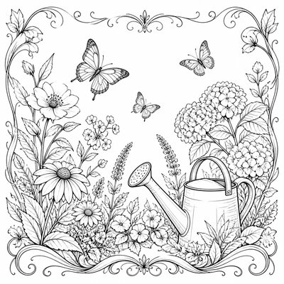 a garden scene with butterflies, flowers and a watering can, clean uncolored line art, no text