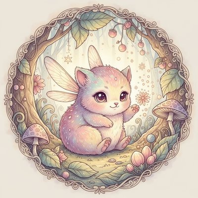 Create an adorable fantasy creature—small, round, and magical—with big expressive eyes, soft glowing fur, tiny wings, and playful energy. Pastel colors, gentle lighting, whimsical forest setting, highly detailed and irresistibly cute