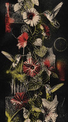 a climbing vine of flowers and hummingbirds on a dark background, tall wrapping composition, no text