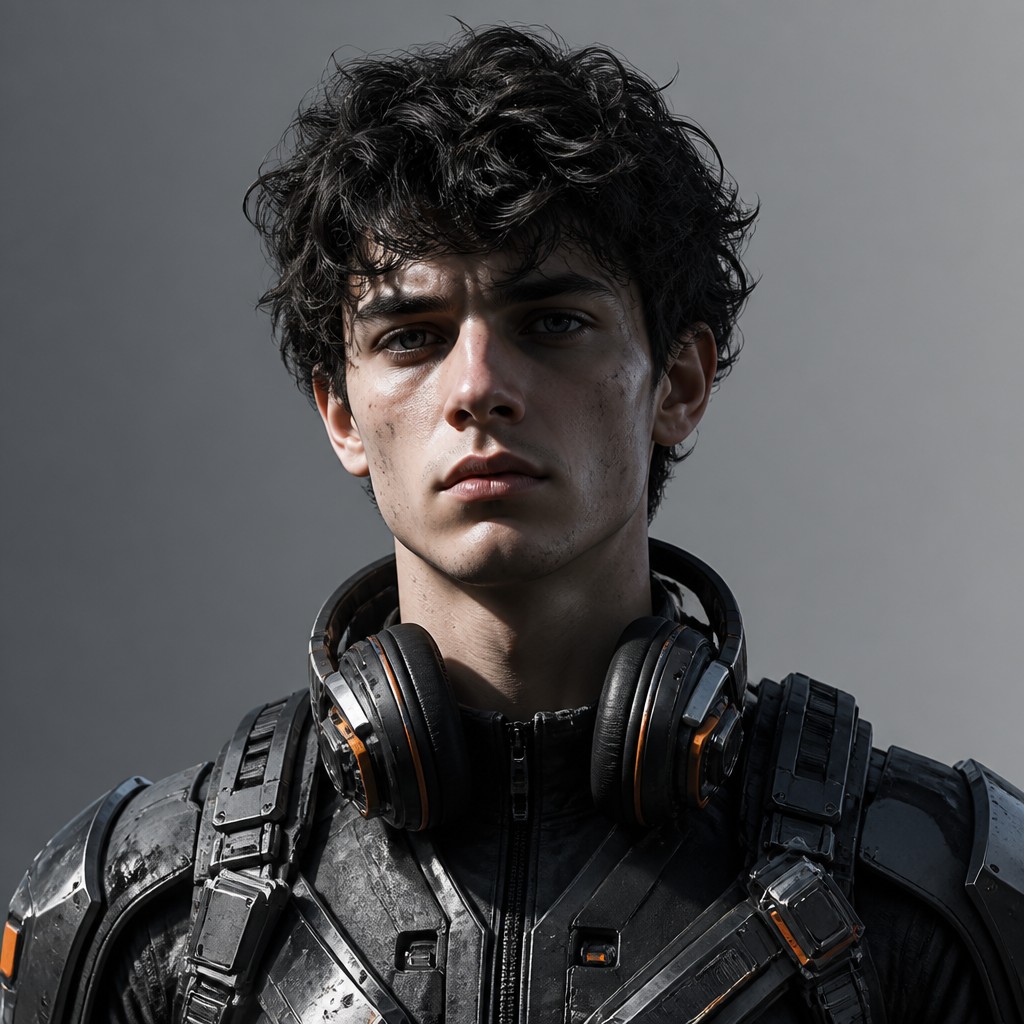 head-and-shoulders portrait of an original character: a young man with curly dark hair and headphones around his neck, plain backdrop, no text