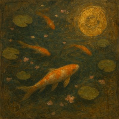 A koi pond seen from above, orange and white koi fish swimming among lily pads, clear water with subtle ripples, fallen cherry blossom petals floating on the surface, dappled sunlight