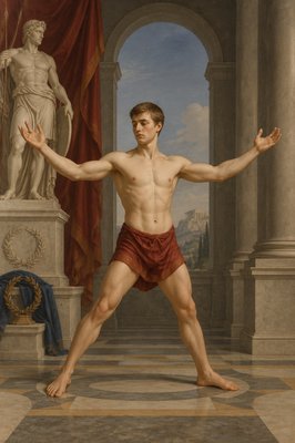 a painting of a man standing in front of a statue